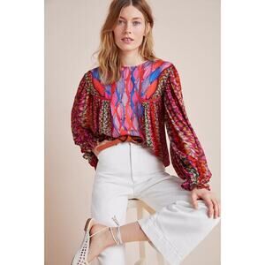 Anthropologie BL^NK Womens Blouse Printed Miranda Peasant Balloon Sleeve Pink S
